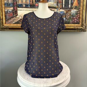 LOFT Sheer Navy Silk Short Sleeve Top with Gold Embroidery Size XS